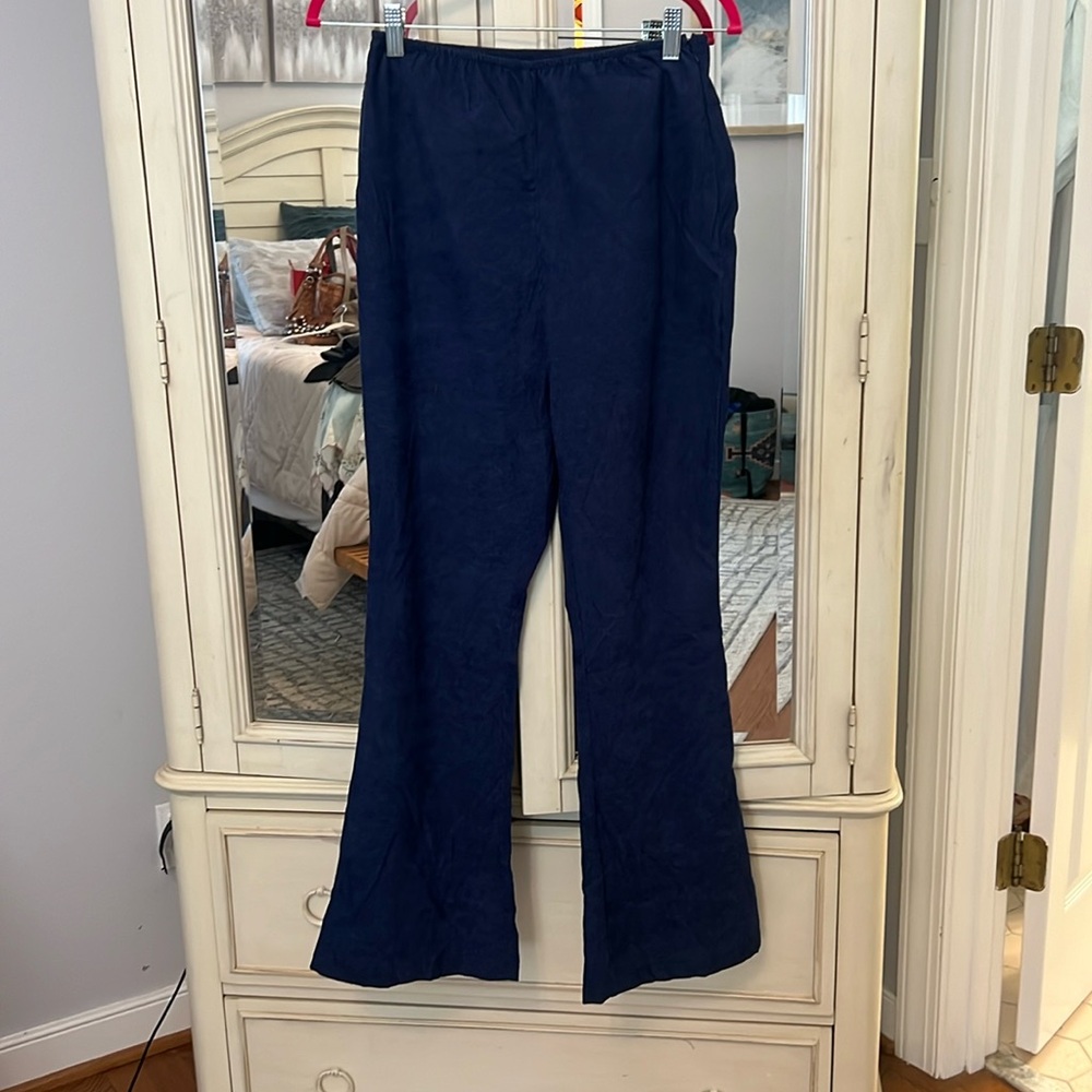 Navy fine corduroy elastic waist flat leg pant